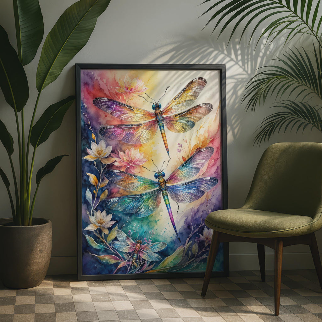 Iridescent Dragonfly Watercolour Poster, Rainbow Wings, Floral Botanical Art (Print)