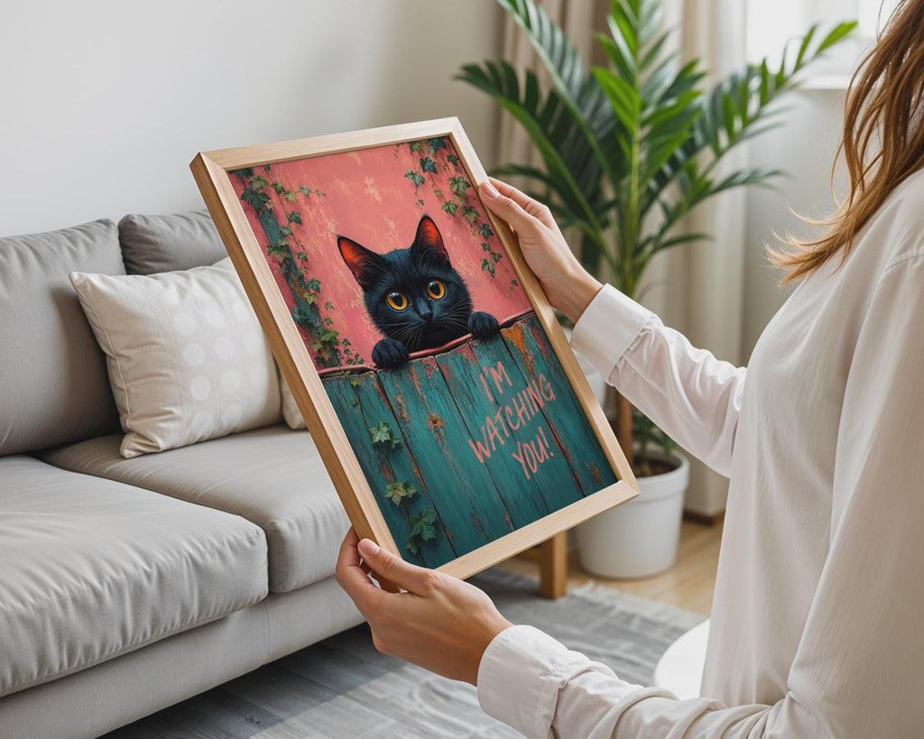 Black Cat Poster, Teal Pink Fence Art, Quirky Animal Wall Decor