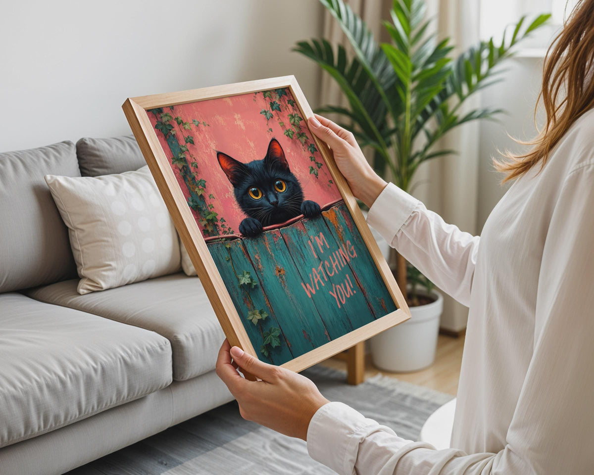 Black Cat Poster, Teal Pink Fence Art, Quirky Animal Wall Decor