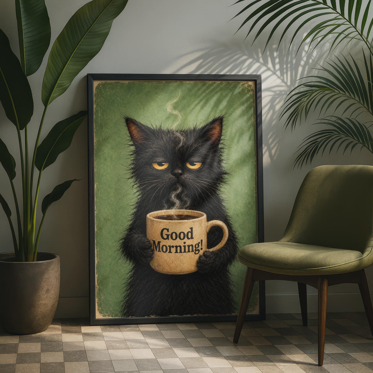 Grumpy Black Cat Coffee Poster, Vintage Style Humour Kitchen Print