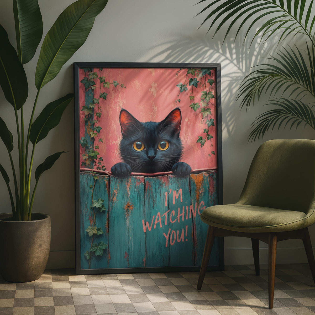 Black Cat Poster, Teal Pink Fence Art, Quirky Animal Wall Decor