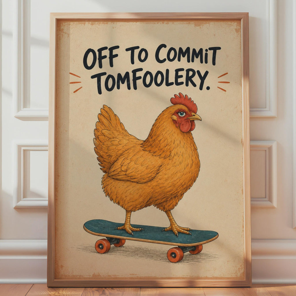 Funny Chicken Skateboard Print, Vintage Comic Style Wall Art