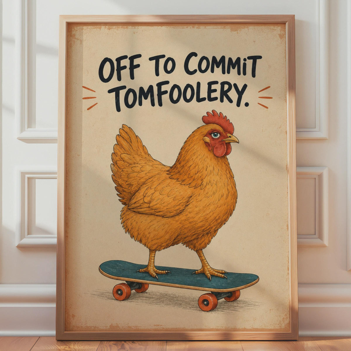Funny Chicken Skateboard Print, Vintage Comic Style Wall Art