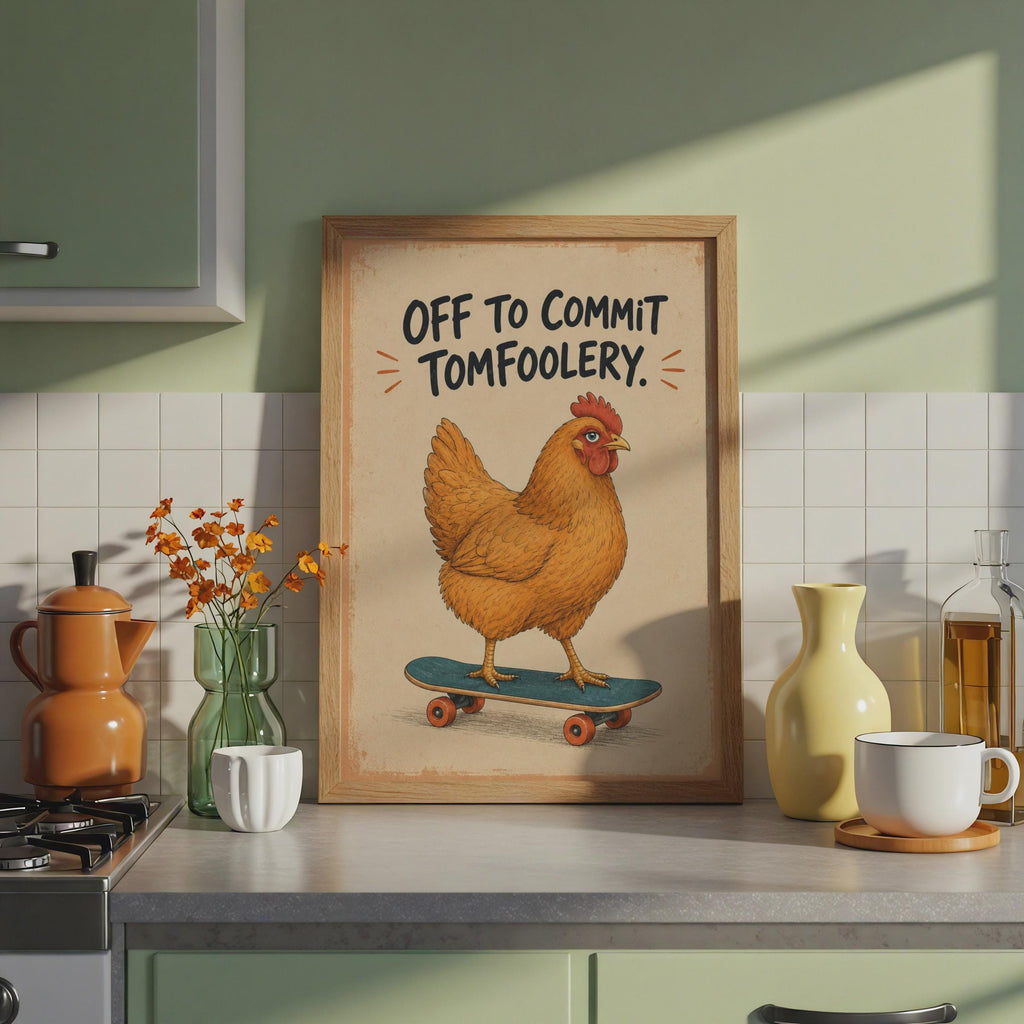 Funny Chicken Skateboard Print, Vintage Comic Style Wall Art