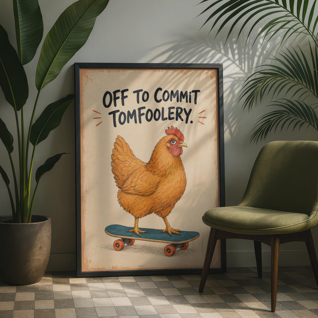 Funny Chicken Skateboard Print, Vintage Comic Style Wall Art