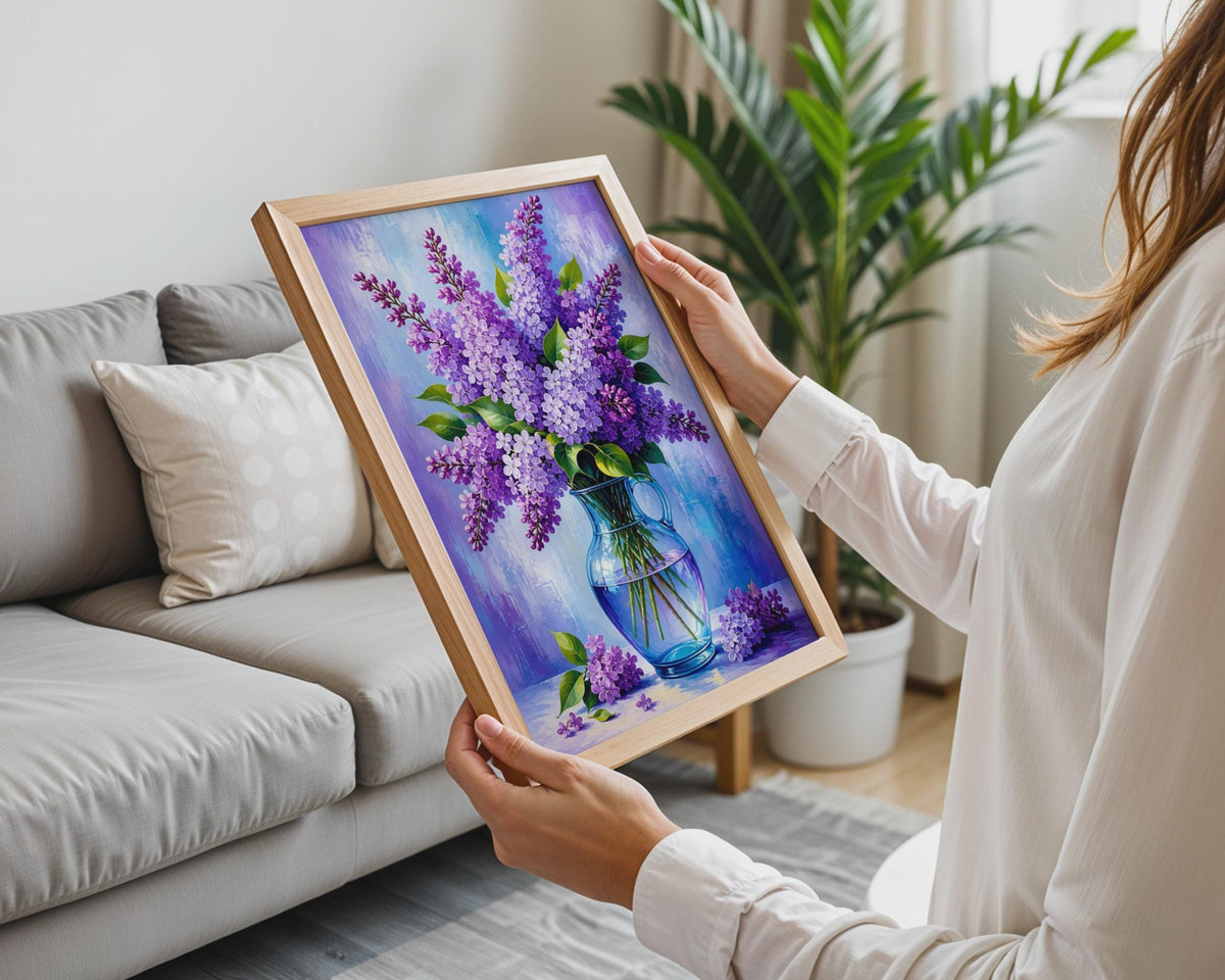Purple Lilac Flower Vase Poster, Oil Painting Style Floral Still Life (Print)