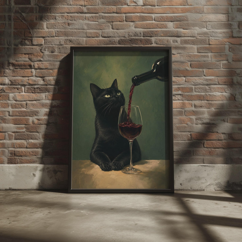 Black Cat Red Wine Poster, Moody Oil Painting Style, Kitchen Bar Decor