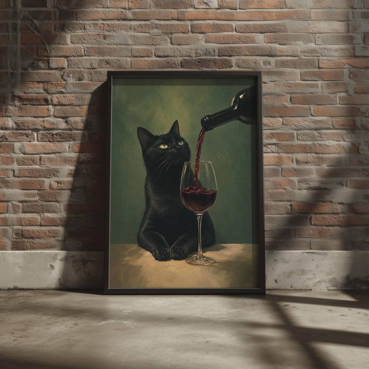 Black Cat Red Wine Poster, Moody Oil Painting Style, Kitchen Bar Decor