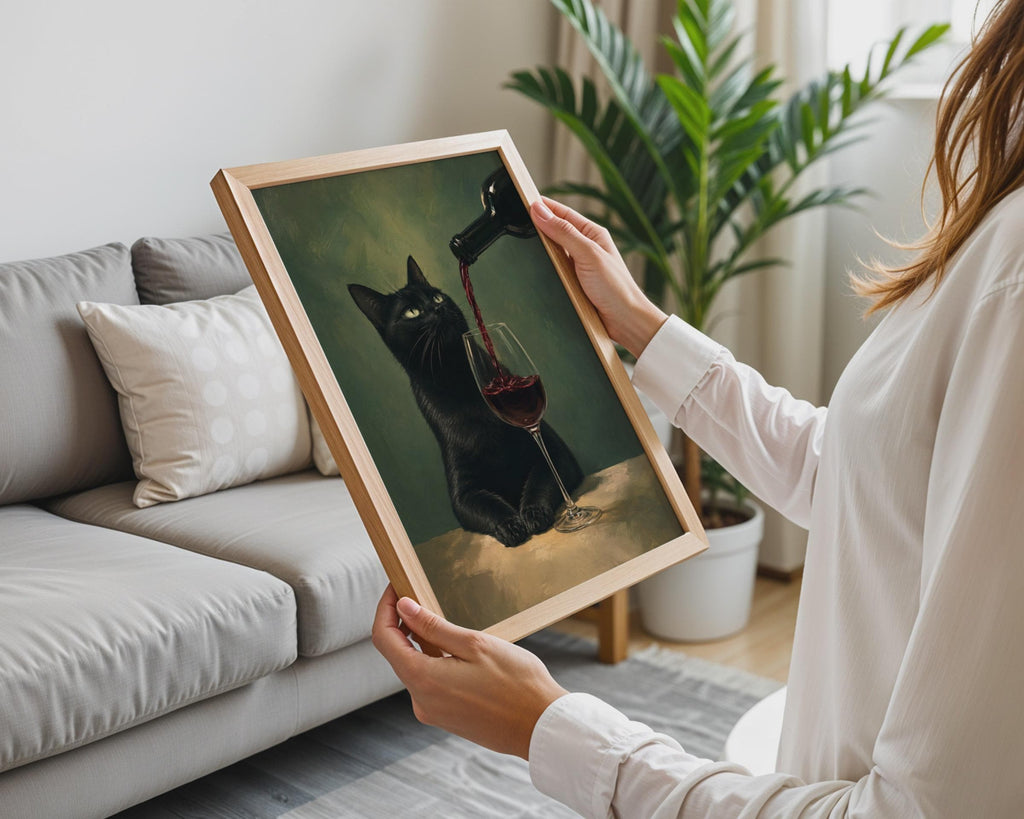 Black Cat Red Wine Poster, Moody Oil Painting Style, Kitchen Bar Decor