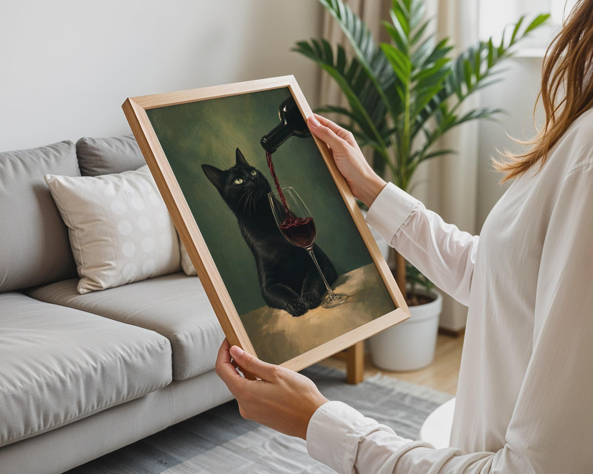 Black Cat Red Wine Poster, Moody Oil Painting Style, Kitchen Bar Decor