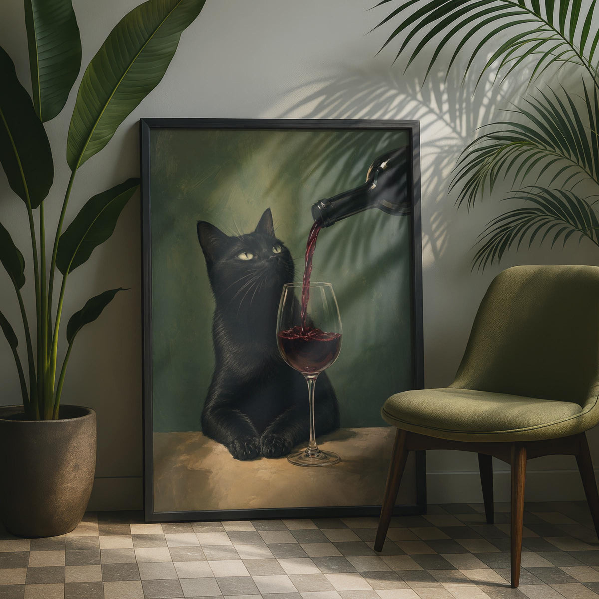 Black Cat Red Wine Poster, Moody Oil Painting Style, Kitchen Bar Decor