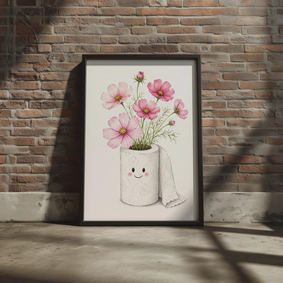 Funny Toilet Roll Flower Poster, Kawaii Cosmos Bathroom Art Print