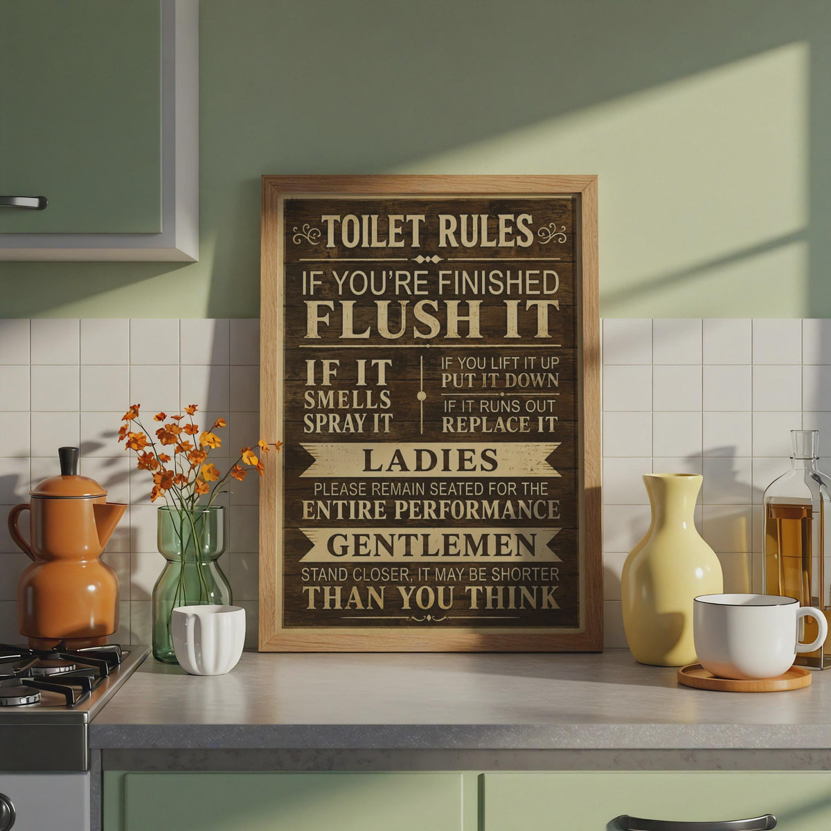 Funny Toilet Rules Poster, Rustic Wood Effect Bathroom Art, Vintage Typography (Print)