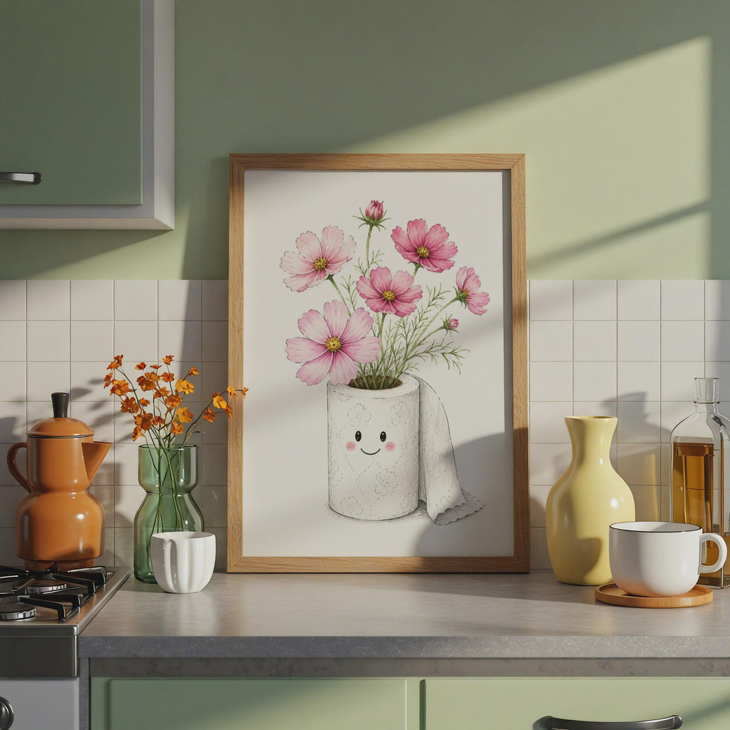 Funny Toilet Roll Flower Poster, Kawaii Cosmos Bathroom Art Print