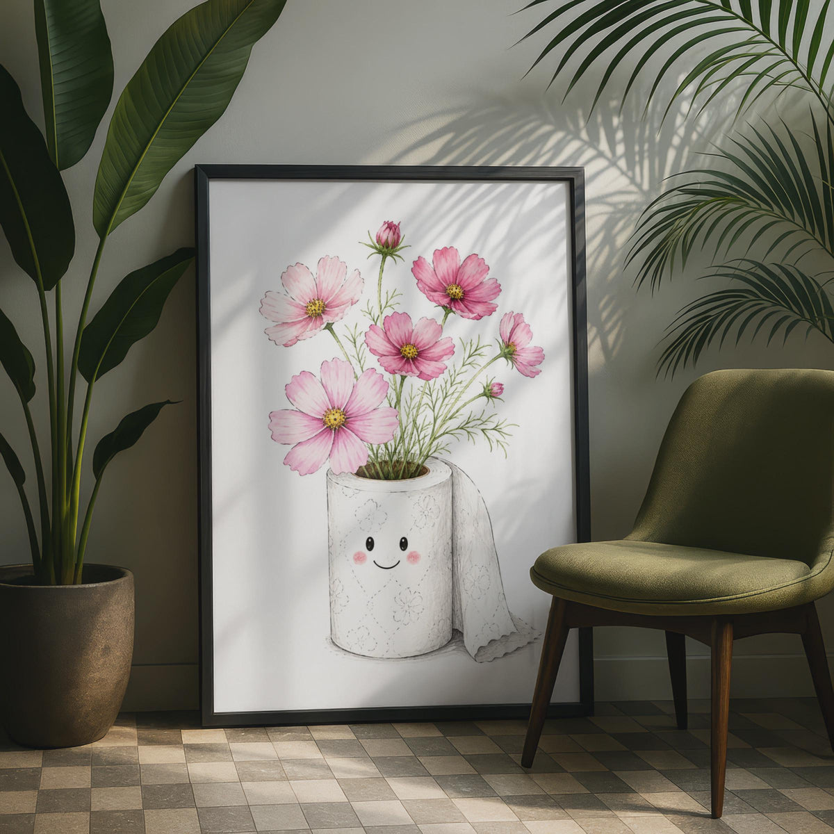 Funny Toilet Roll Flower Poster, Kawaii Cosmos Bathroom Art Print