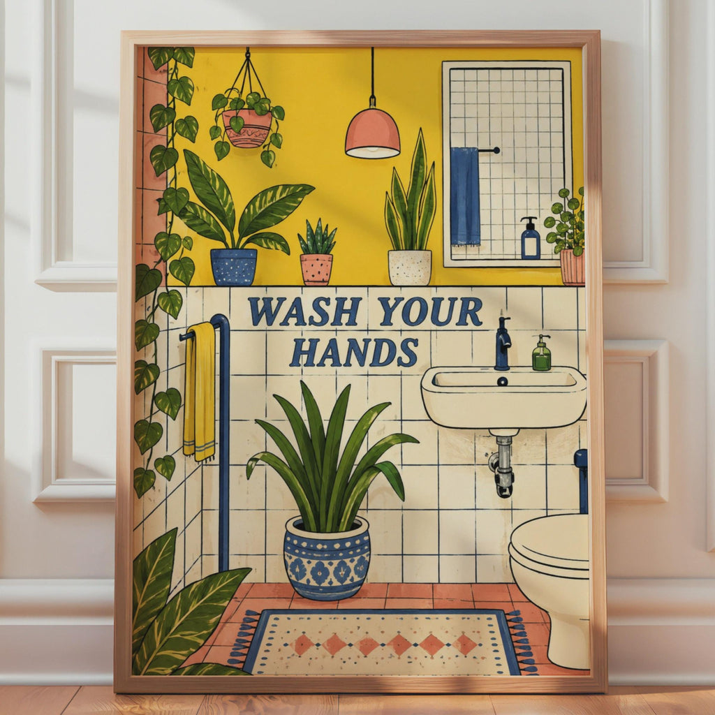 Retro Boho Bathroom Poster, Plant-Filled Wash Your Hands Art Print
