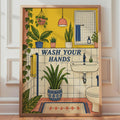 Retro Boho Bathroom Poster, Plant-Filled Wash Your Hands Art Print