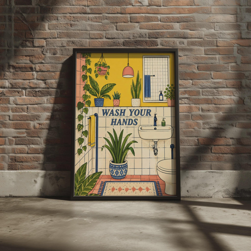 Retro Boho Bathroom Poster, Plant-Filled Wash Your Hands Art Print