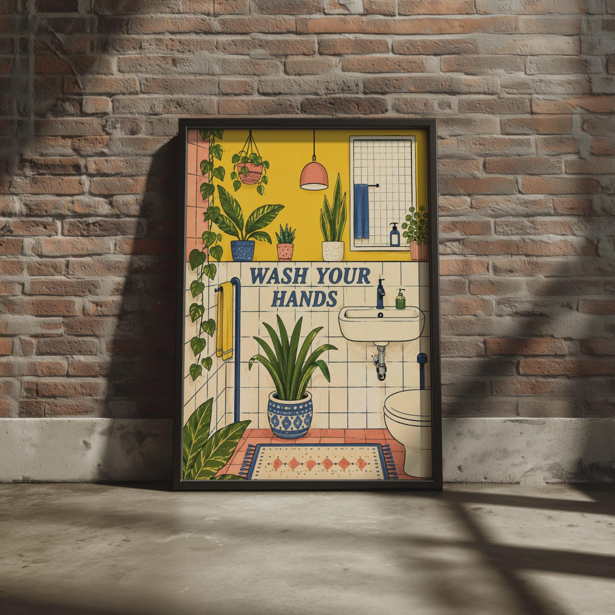 Retro Boho Bathroom Poster, Plant-Filled Wash Your Hands Art Print