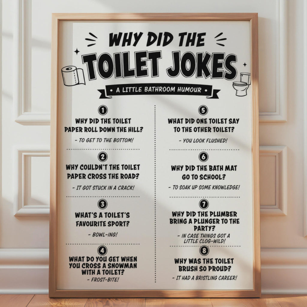 Toilet Jokes Print, Black White Bathroom Humour Wall Art Sign
