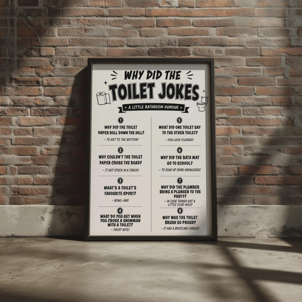 Toilet Jokes Print, Black White Bathroom Humour Wall Art Sign