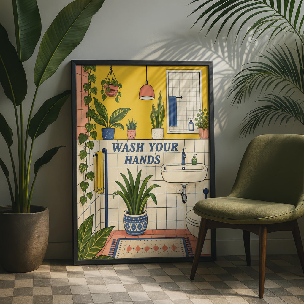 Retro Boho Bathroom Poster, Plant-Filled Wash Your Hands Art Print