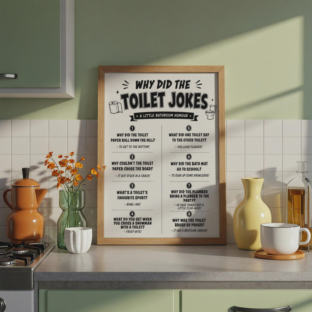 Toilet Jokes Print, Black White Bathroom Humour Wall Art Sign
