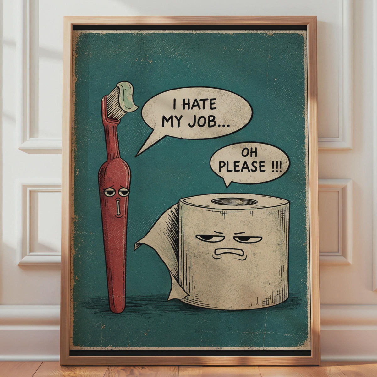 Retro Comic Bathroom Print, Toothbrush Toilet Roll Humor Wall Art