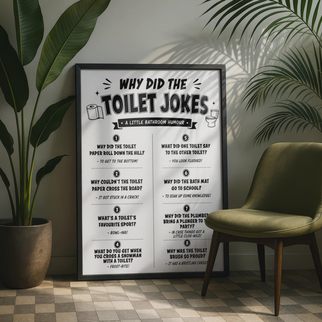 Toilet Jokes Print, Black White Bathroom Humour Wall Art Sign