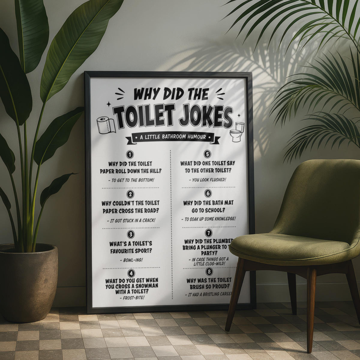 Toilet Jokes Print, Black White Bathroom Humour Wall Art Sign