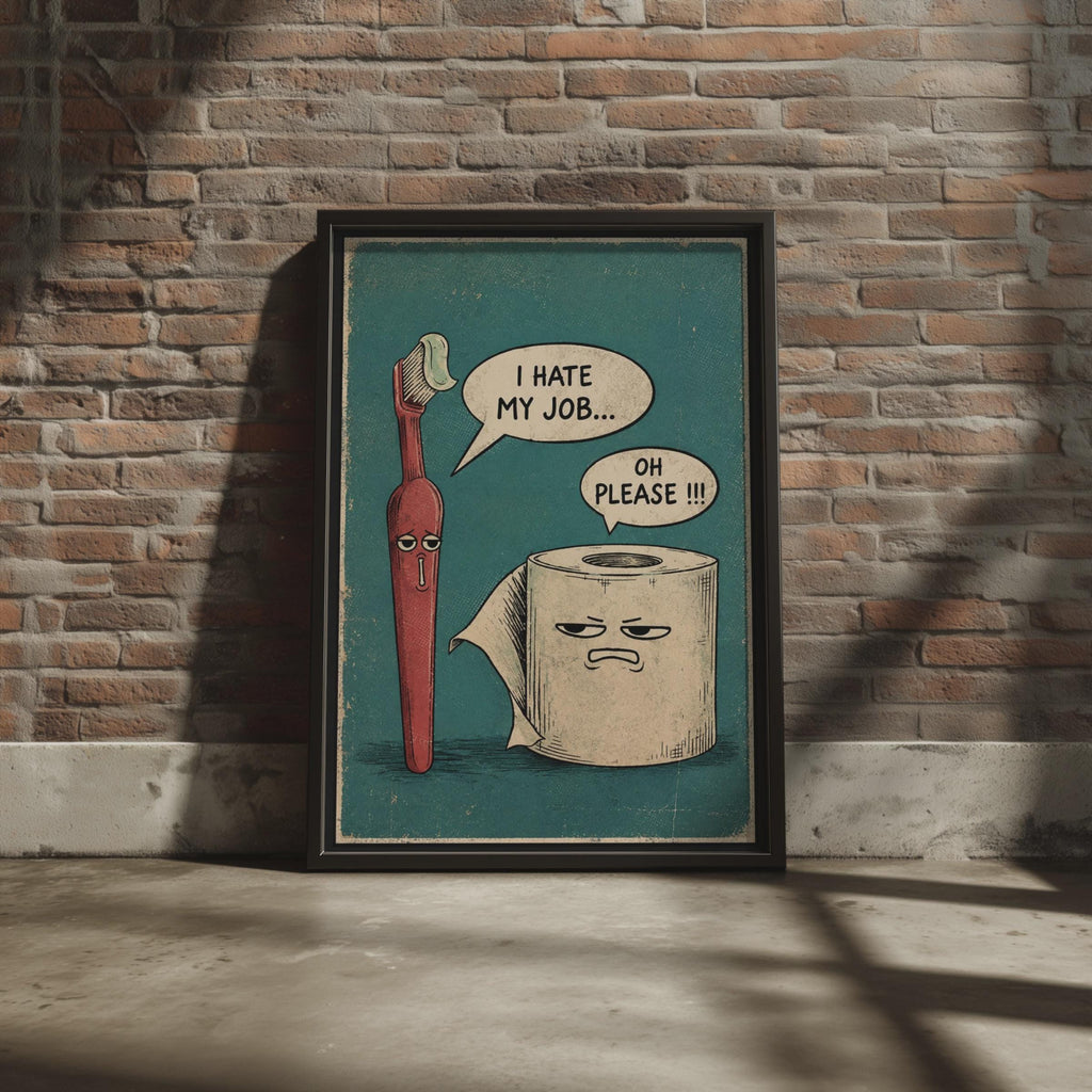 Retro Comic Bathroom Print, Toothbrush Toilet Roll Humor Wall Art
