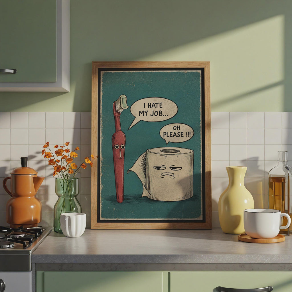 Retro Comic Bathroom Print, Toothbrush Toilet Roll Humor Wall Art