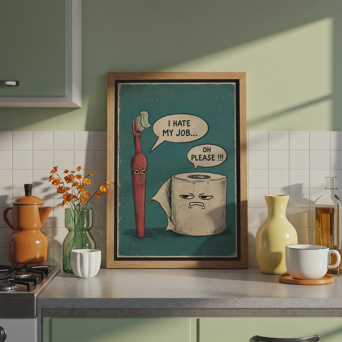 Retro Comic Bathroom Print, Toothbrush Toilet Roll Humor Wall Art