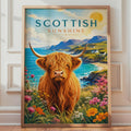 Scottish Highland Cow Coastal Print, Retro Travel Poster, Wildflower Decor