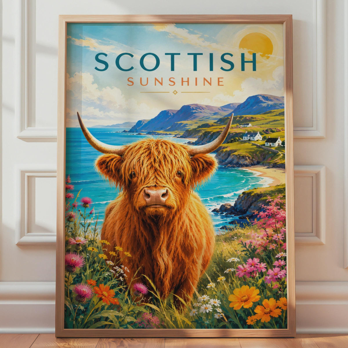 Scottish Highland Cow Coastal Print, Retro Travel Poster, Wildflower Decor