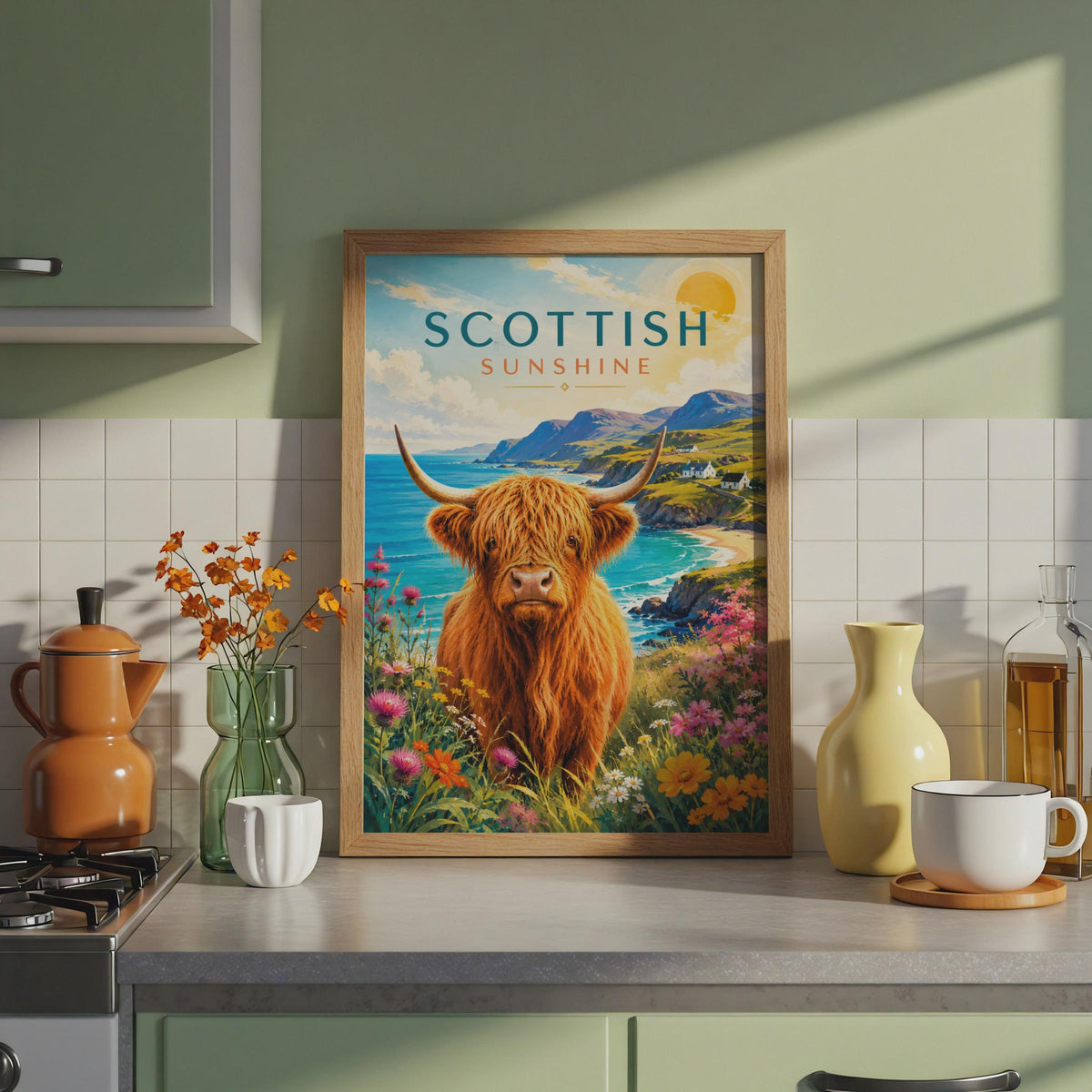 Scottish Highland Cow Coastal Print, Retro Travel Poster, Wildflower Decor