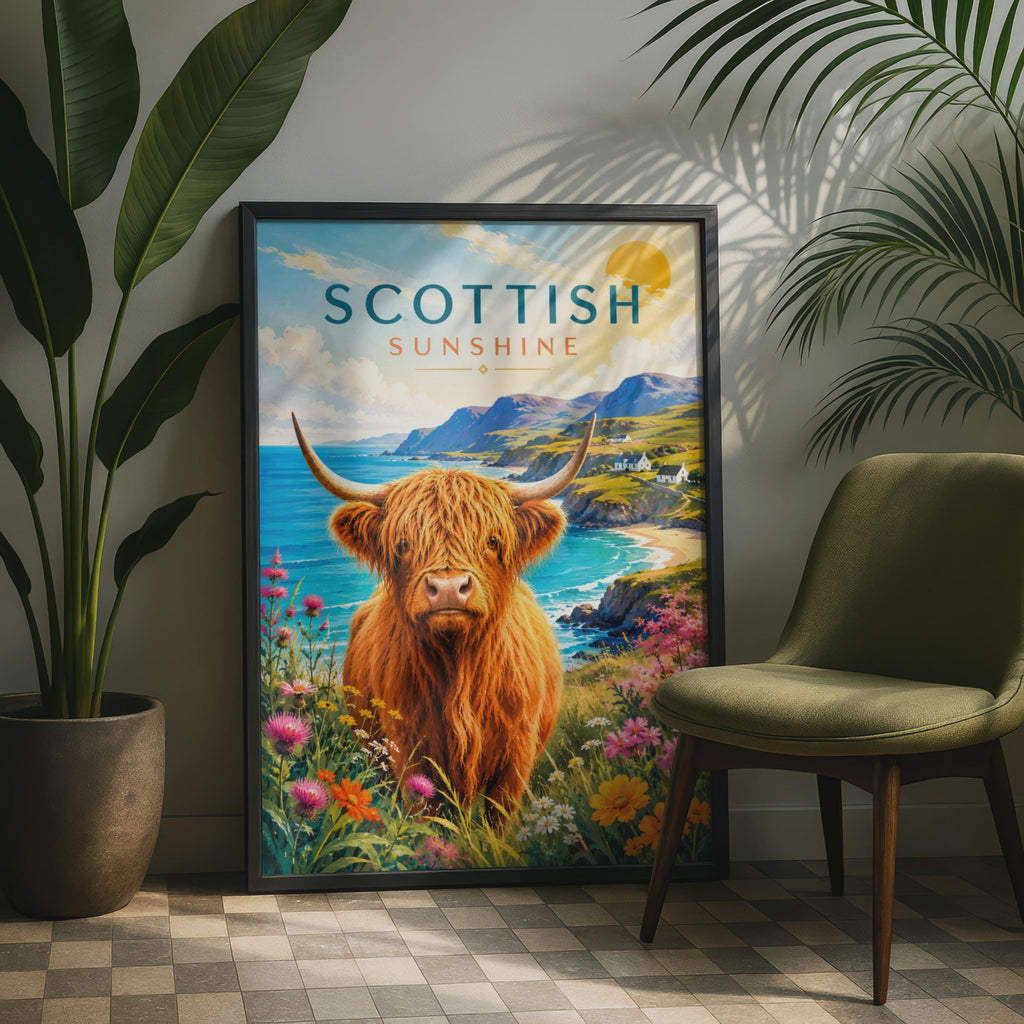 Scottish Highland Cow Coastal Print, Retro Travel Poster, Wildflower Decor