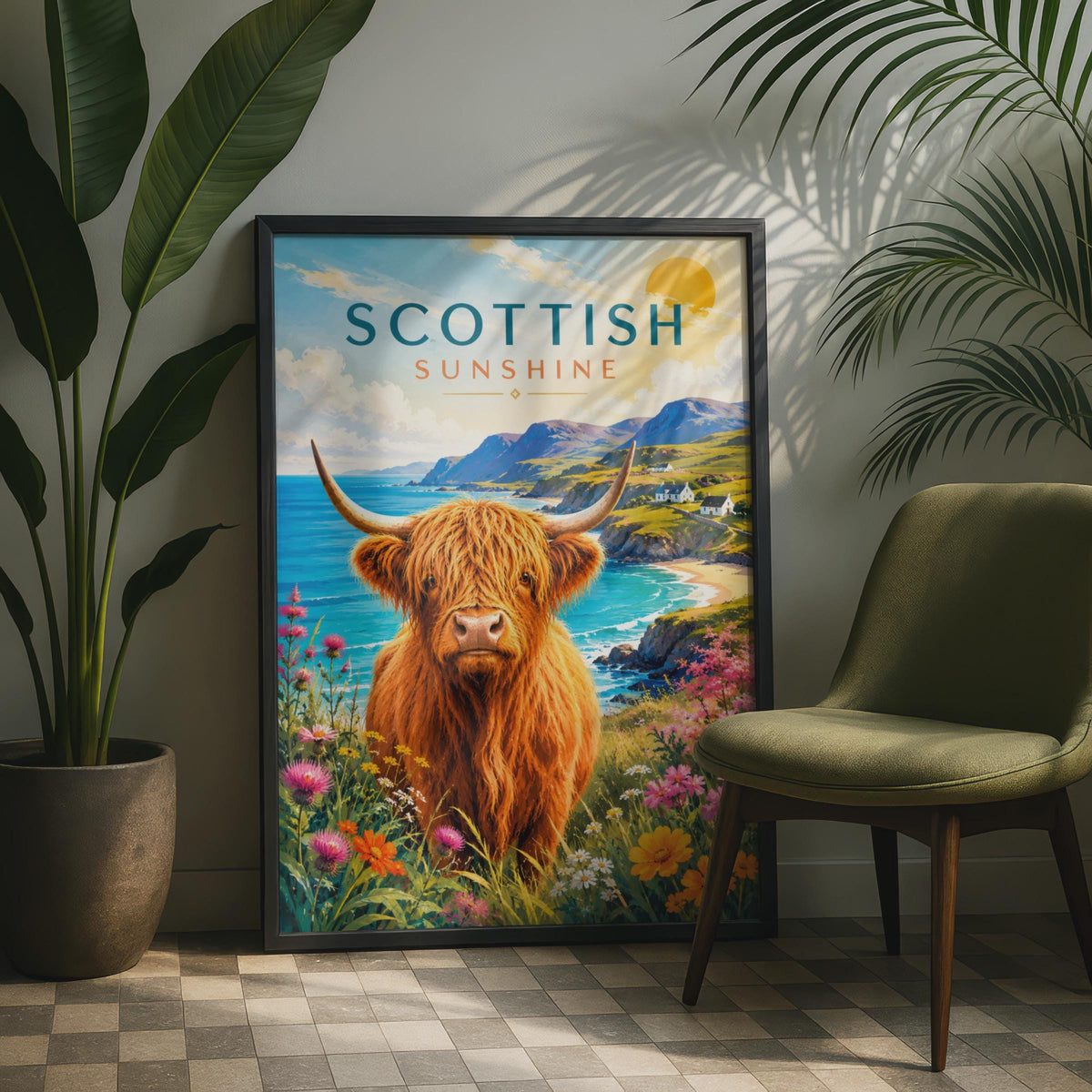 Scottish Highland Cow Coastal Print, Retro Travel Poster, Wildflower Decor