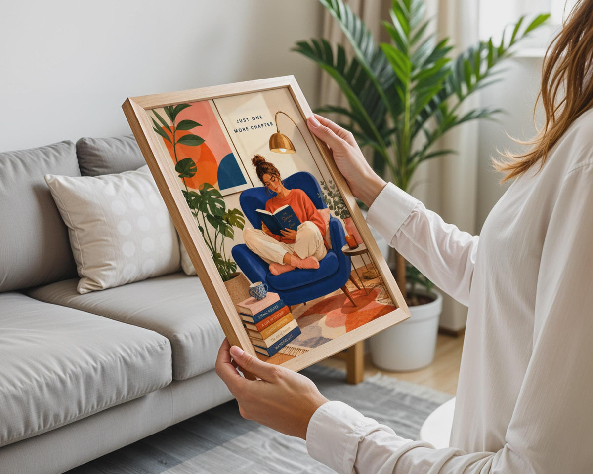 Just One More Chapter Book Lover Poster, Reading Girl Wall Art Print (A4)