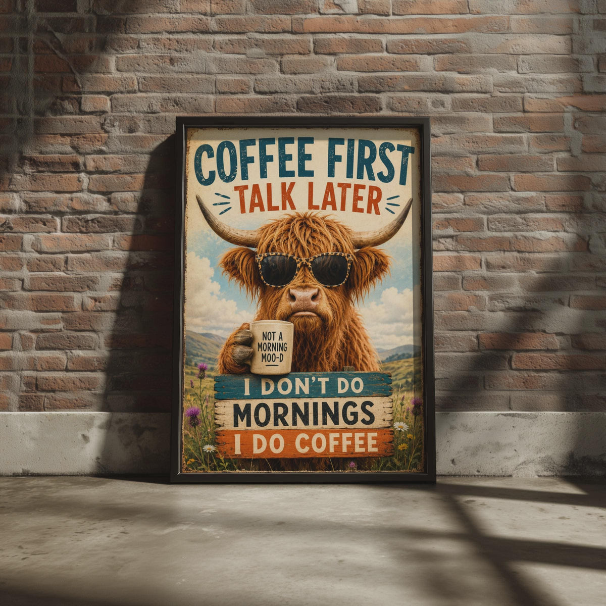 Highland Cow Coffee Poster, Funny Scottish Cow Wall Art, Retro Kitchen Decor