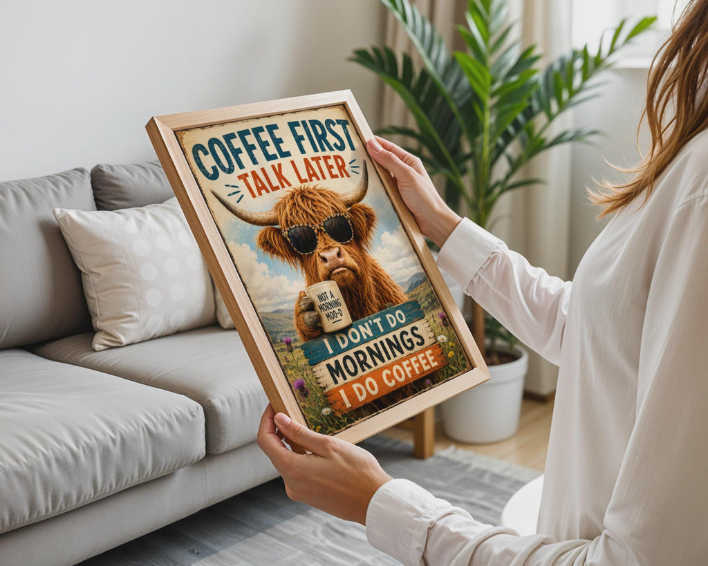 Highland Cow Coffee Poster, Funny Scottish Cow Wall Art, Retro Kitchen Decor