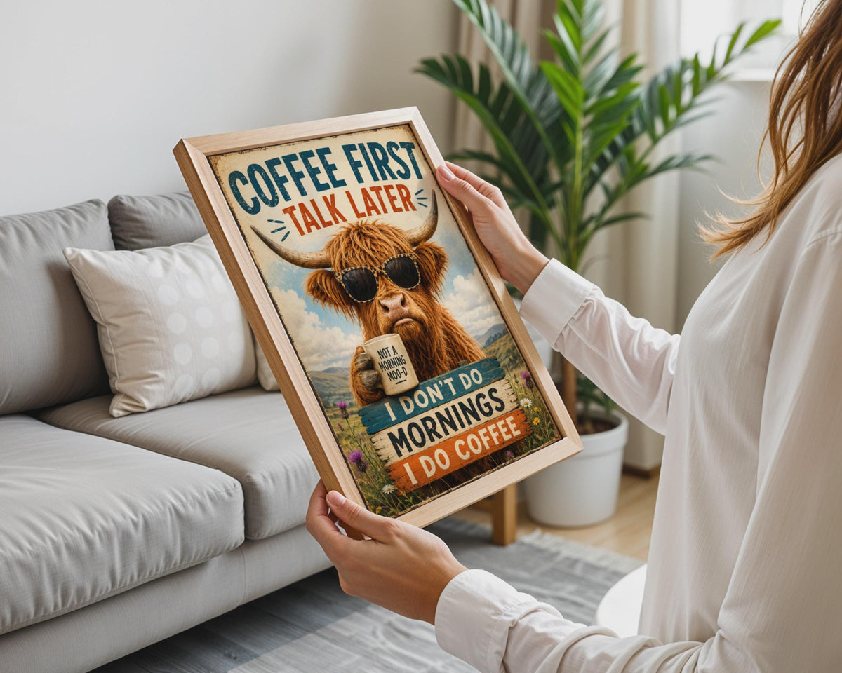 Highland Cow Coffee Poster, Funny Scottish Cow Wall Art, Retro Kitchen Decor