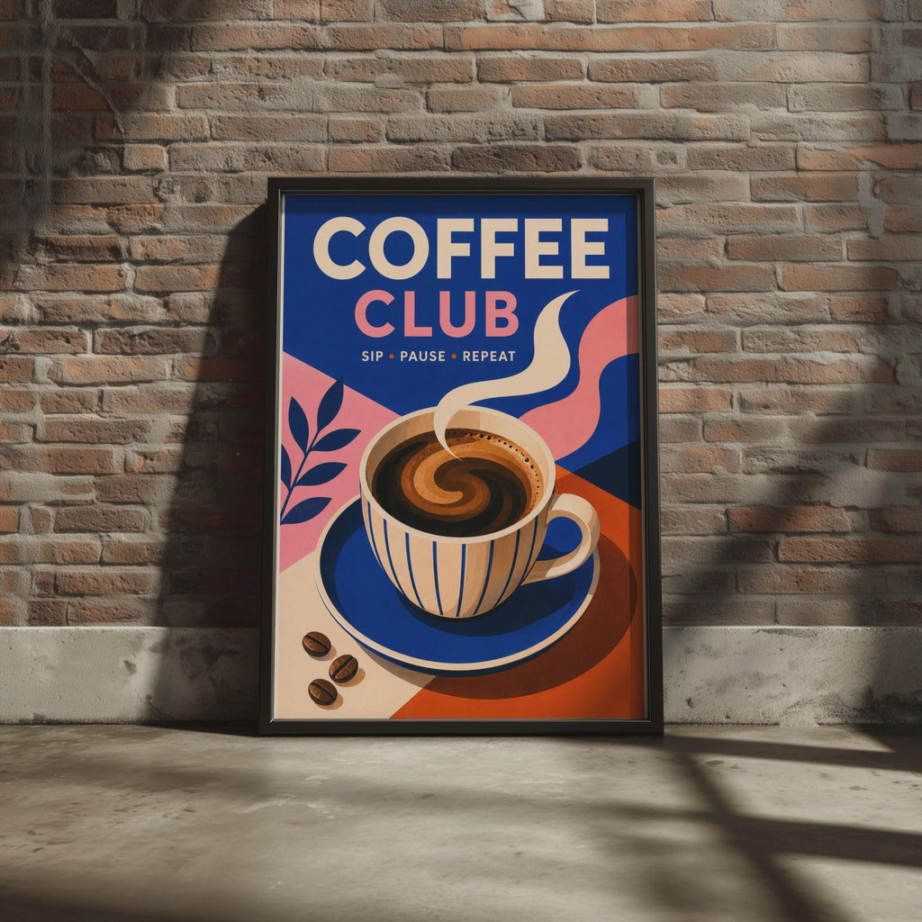 Coffee Club Poster, Retro Kitchen Wall Art, Blue Pink Coffee Lover Gift