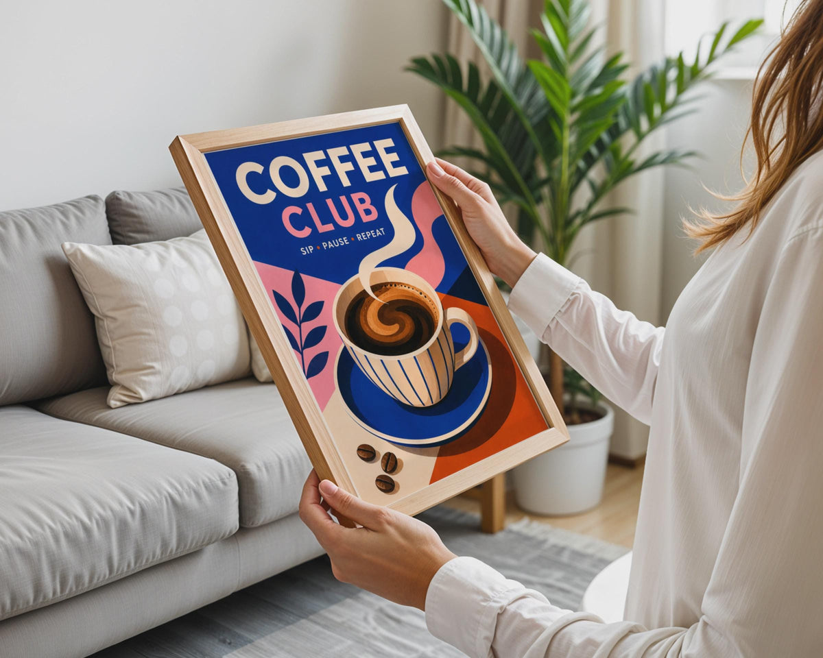 Coffee Club Poster, Retro Kitchen Wall Art, Blue Pink Coffee Lover Gift
