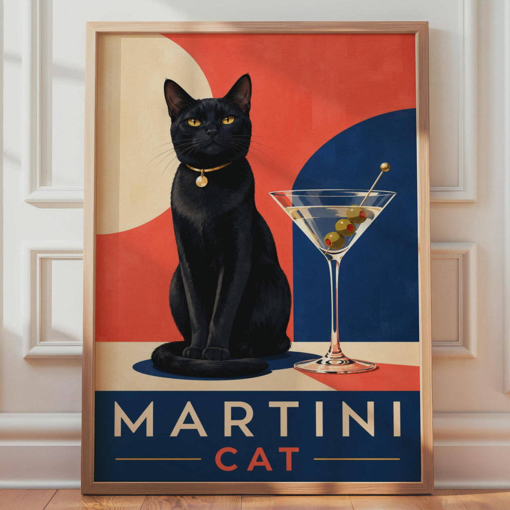 Martini Cat Poster, Black Cat Wall Art, Retro Cocktail Bar Decor (Print)