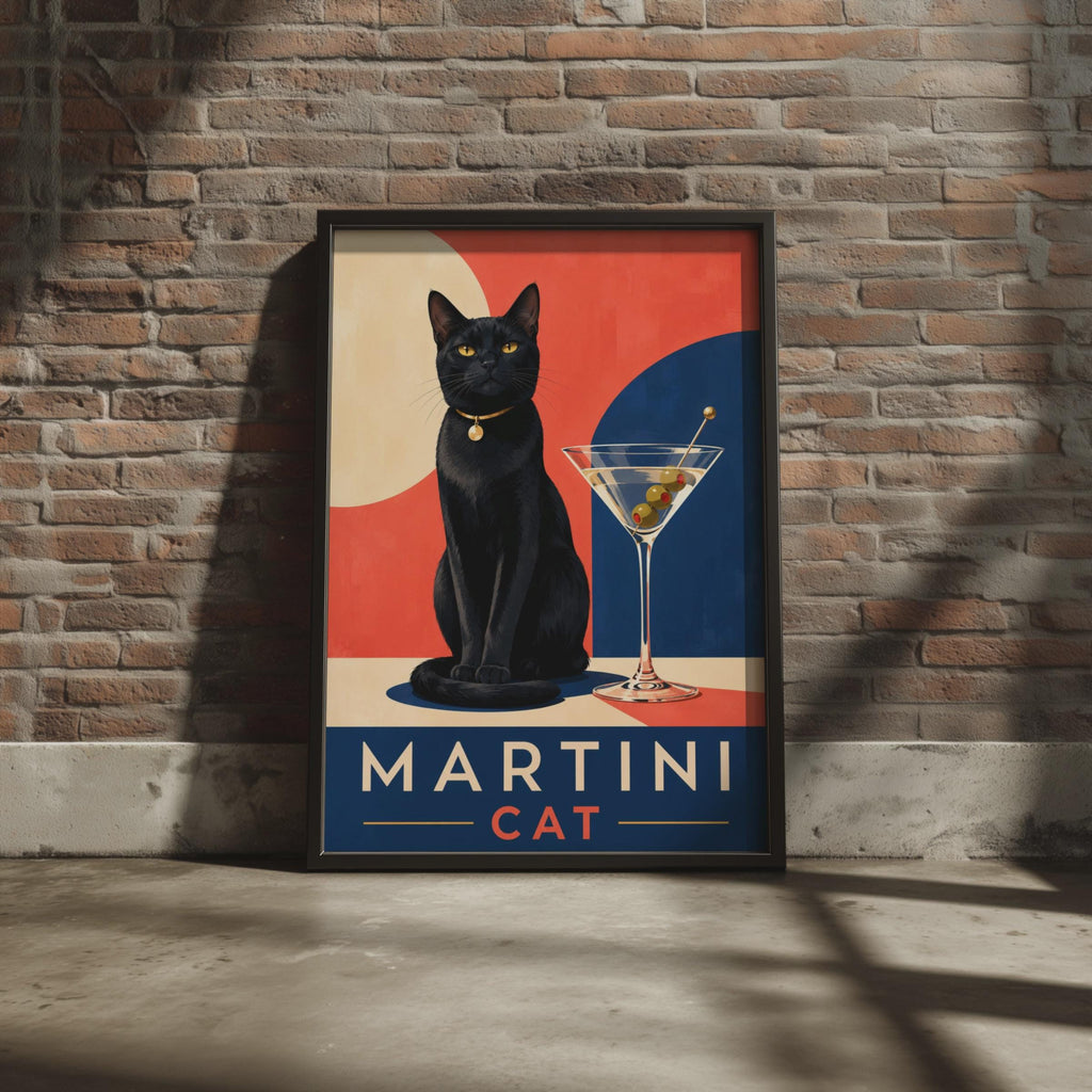 Martini Cat Poster, Black Cat Wall Art, Retro Cocktail Bar Decor (Print)