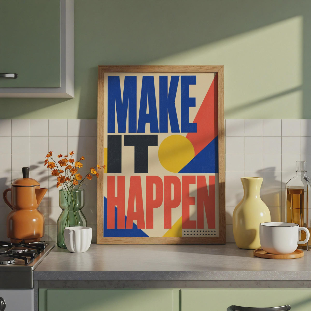 Make It Happen Motivational Poster, Bauhaus Geometric Print, Bold Typography Wall Art (A4)