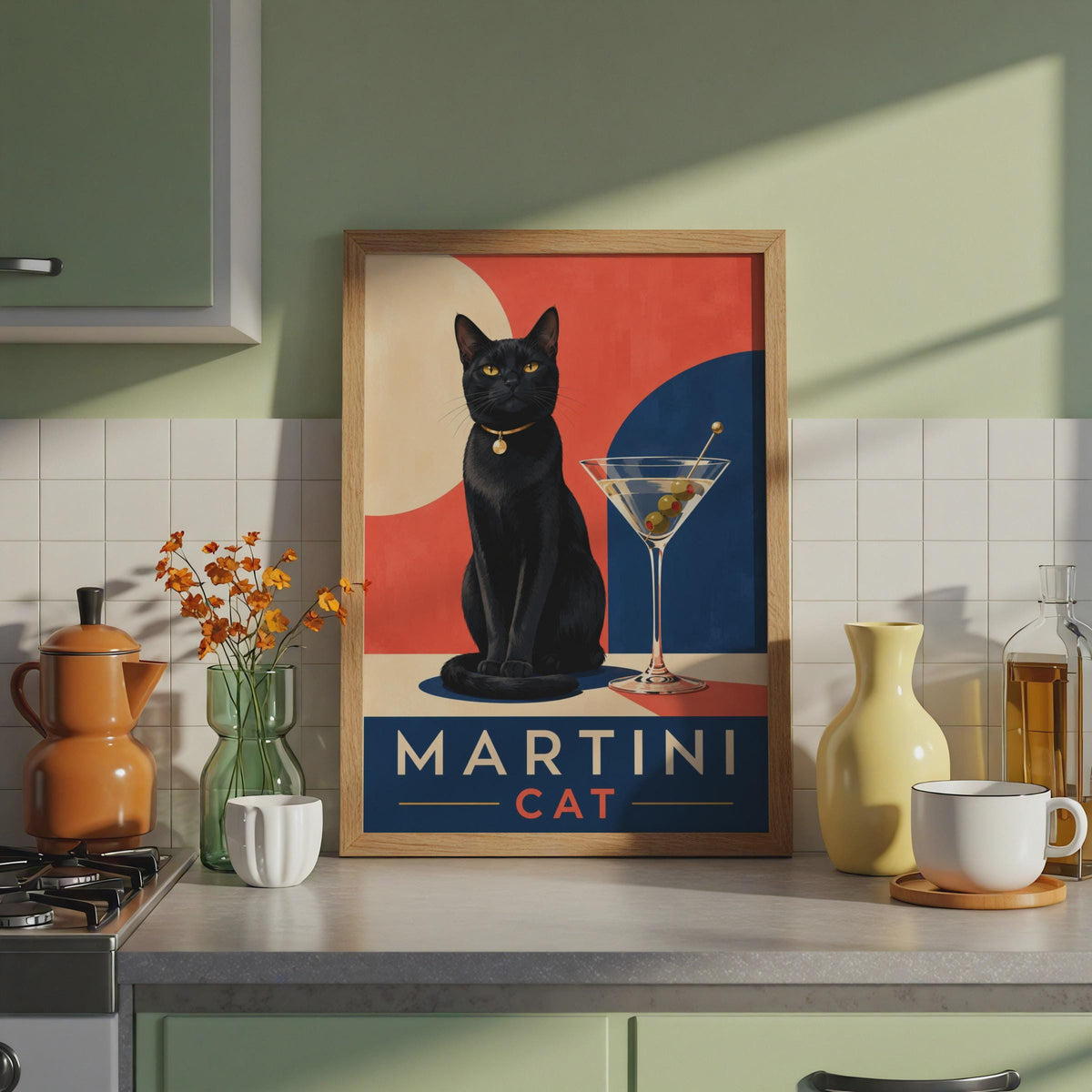 Martini Cat Poster, Black Cat Wall Art, Retro Cocktail Bar Decor (Print)