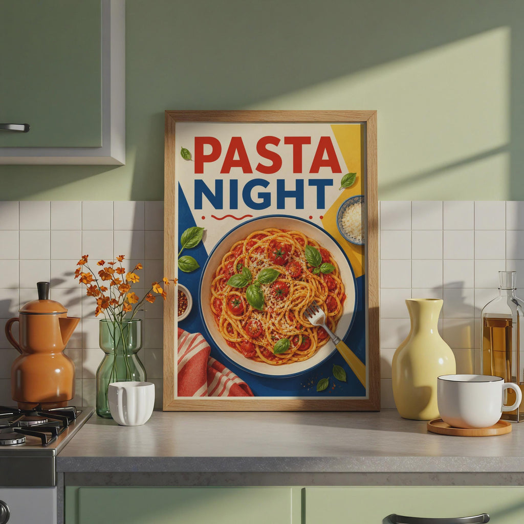 Pasta Night Kitchen Poster, Italian Food Wall Art, Retro Typography (Digital Print)