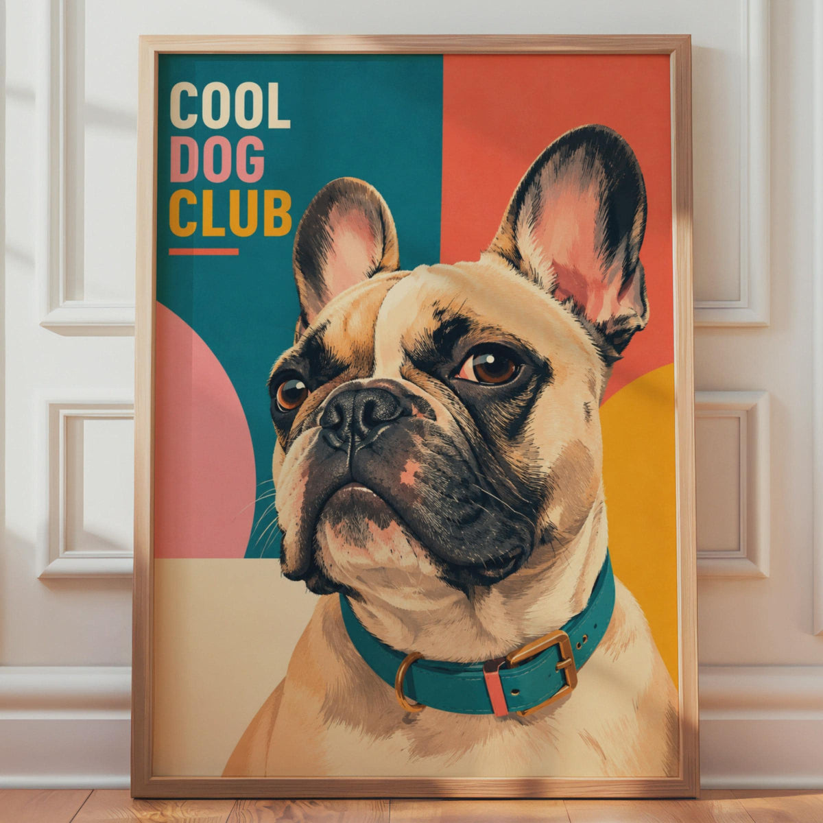 Dog Club Frenchie Poster, Retro Teal Pink Geometric Wall Art (A4)